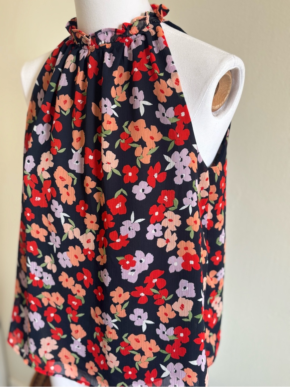Ann Taylor Factory Black Halter Floral Top with Red, Pink and Peach Flowers